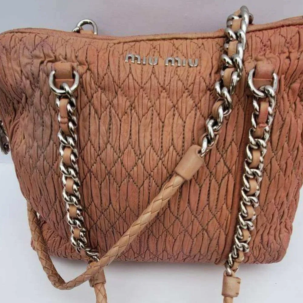 Miu Miu Prada Metelasse arcadie nappa Leather double chain purse beige pink tote - Picture 10 of 15
